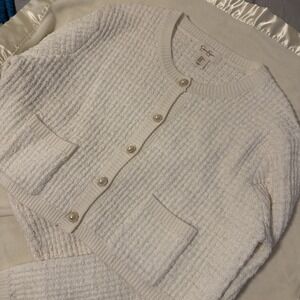 Jessica Simpson Womens Cream White Textured Knit Cropped Pearl Button CardiganXL